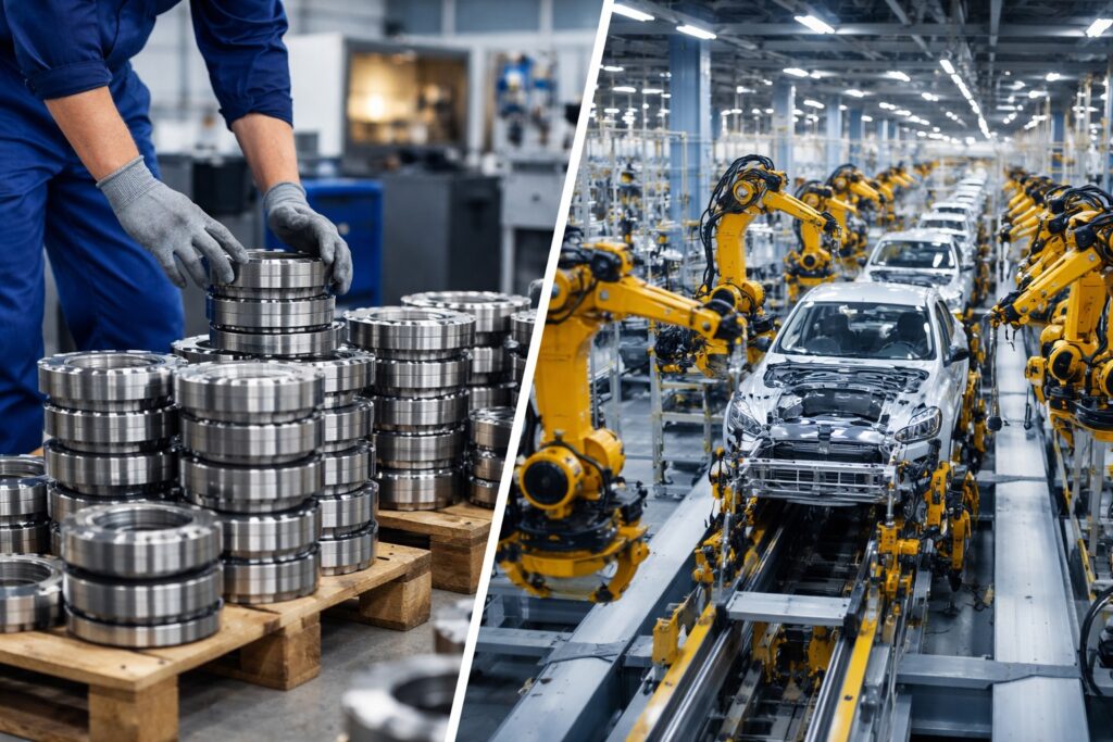 1. Two images show robots assembling cars on a production line, highlighting automation in the manufacturing process. 2. Two pictures depict robotic arms efficiently working on a car assembly line, showcasing modern industrial automation. 3. Images illustrate robots engaged in car assembly tasks on a production line, emphasizing technological advancements in manufacturing.